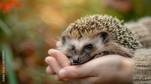 Garden setting with hands holding and gently petting a curled-up hedgehog