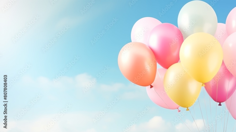 Cluster of pastel pink, white, and beige balloons floating against a soft blue sky with fluffy clouds, vertical banner with copy space

Concept: celebration, birthday, joy, party, decoration