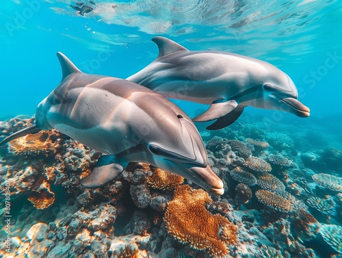 Dolphins swimming underwater in a beautiful landscape submarine view at summer