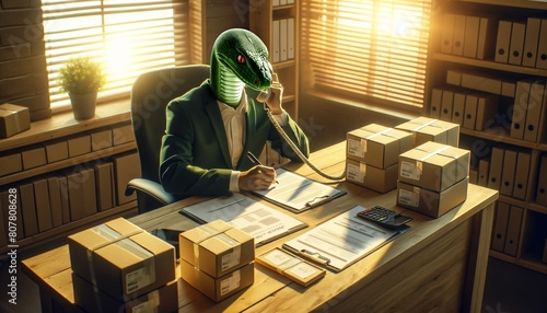 Snake businessman talking on phone in his office photo