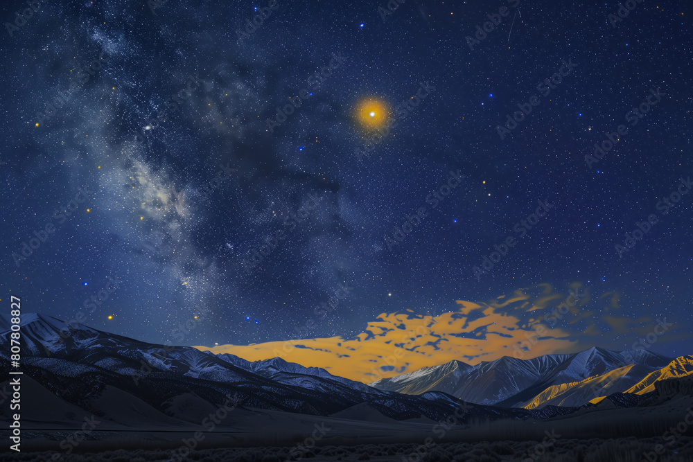 Obraz premium Starry sky, with milky way and mountaines view and yellow moon, magical atmosphere 