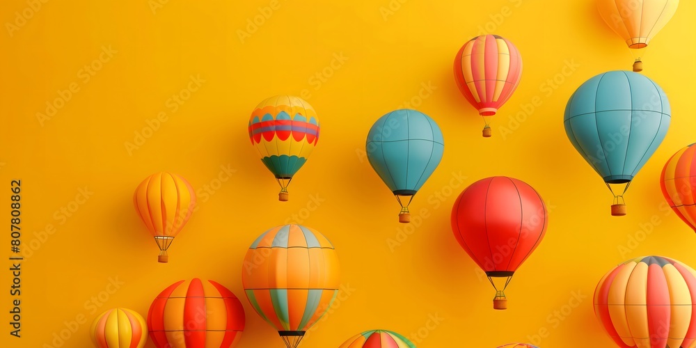 A pattern of multiple hot air balloons with various designs fills the frame against a sunny yellow backdrop depicting joy and leisure