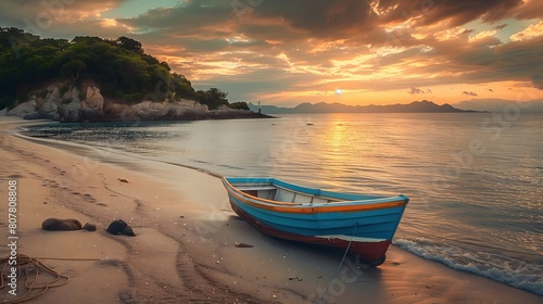 Sunlight casts a warm glow on a picturesque beach with a boat resting on the shore against a backdrop of distant mountains