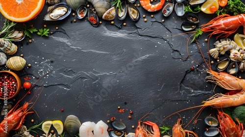 Seafood frame on the black stone background, Blank Copy-Space at the center of image