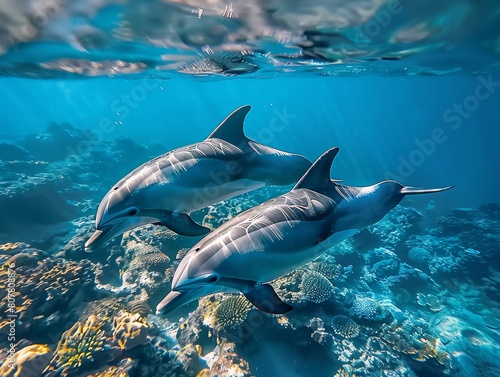 Dolphins swimming underwater in a beautiful landscape submarine view at summer