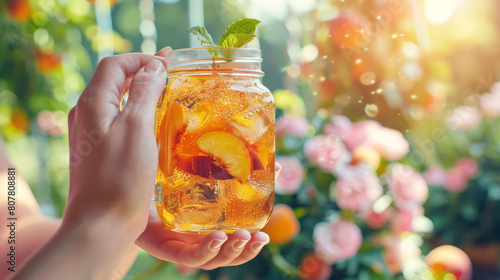 Southern porch scene with hands holding a mason jar of peach-infused iced tea