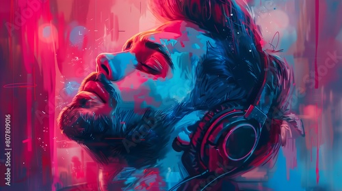 A digital artwork in cyberpunk style featuring a headphone set with vibrant neon colors, evoking emotion and futuristic vibes