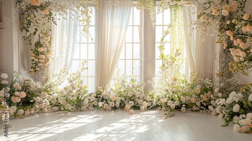 Bright  airy room adorned with cascades of delicate white and peach flowers  illuminated by natural sunlight through large windows.