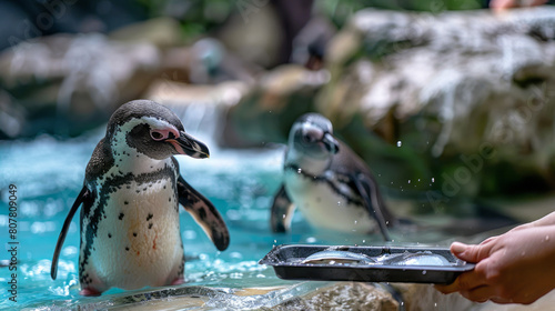 Aquarium exhibit with hands holding a tray of fish for penguins to enjoy.