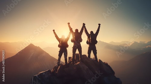 Silhouette of three friends cheering in unison on a mountain top at sundown, showcasing joy, success, and camaraderie in nature's grandeur