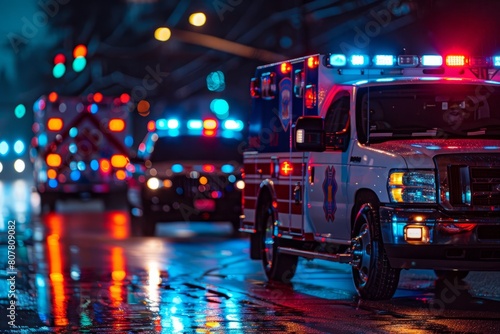 Ambulance and police car with lights on through wet city streets