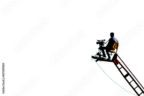 A cinematographer capturing video from high up on isolated white background