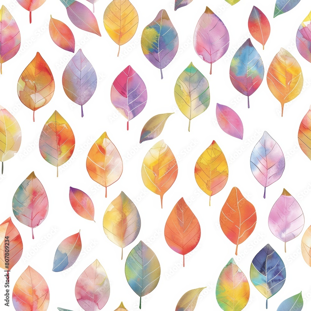 Seamless pattern. The image showcases a delicate and soft seamless pattern of assorted leaves with a watercolor effect Each leaf in this seamless pattern is unique