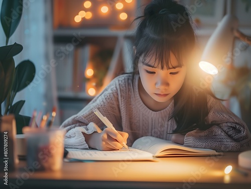 A girl is studying at night using a desk lamp for illumination photo