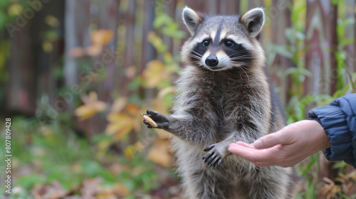 Urban backyard with hands offering a treat to a curious raccoon. © imagemir