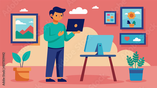 A student hosting a virtual art auction selling their original paintings to raise money for their education.. Vector illustration
