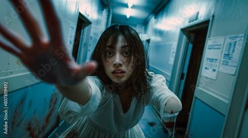 AI generated illustration of a girl with one arm trying to flee from an infested psychiatric asylum