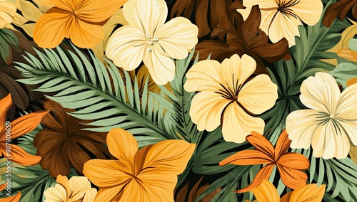 A drawing of a tropical forest with yellow flowers. The flowers are surrounded by green leaves and the overall mood of the image is bright and cheerful