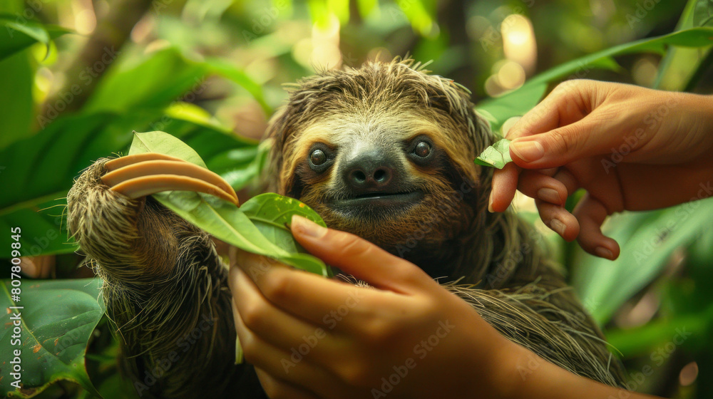 Obraz premium Tropical rainforest with hands offering a leafy treat to a curious sloth