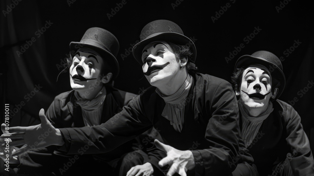 Mime theater actor performing. Retro picture in black and white. Mime theater actor performing. Retro picture in black and white.