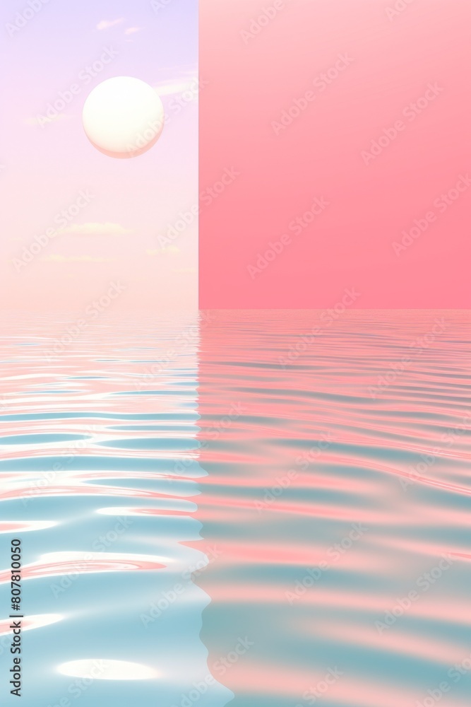 Surreal minimalist vertical banner with a serene pink and blue palette featuring a calm ocean and a large sun against a gradient sky, perfect for meditation and relaxation themes

Calm, ocean, sun, 