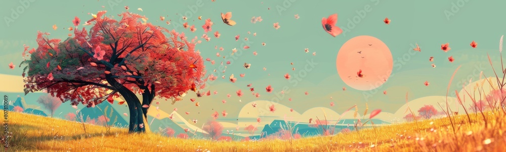Tree that is standing in a field with many balloons Tree that is standing in a field with many balloons
