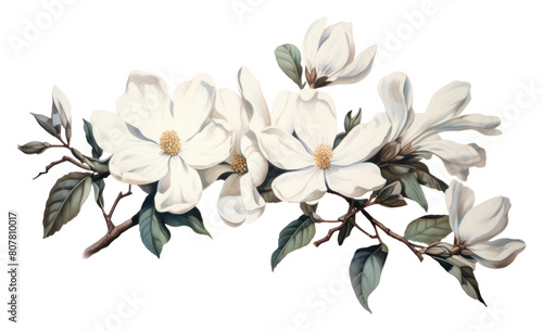 PNG White flowers and buds painting blossom plant. © Rawpixel.com