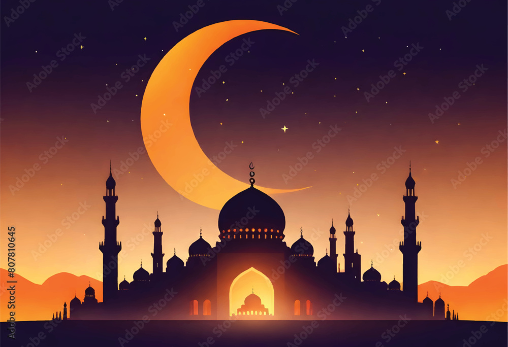 a poster for a mosque with a crescent moon and stars in the background