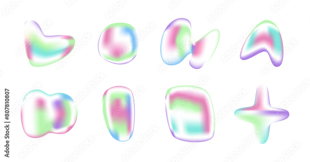 Abstract holographic liquid forms and shapes. Freeform gradient figures. Retro bubbles, spots, squiggles. 90s Y2k nostalgia. Abstract holographic liquid forms and shapes. Freeform gradient figures. Retro bubbles, spots, squiggles. 90s Y2k nostalgia.