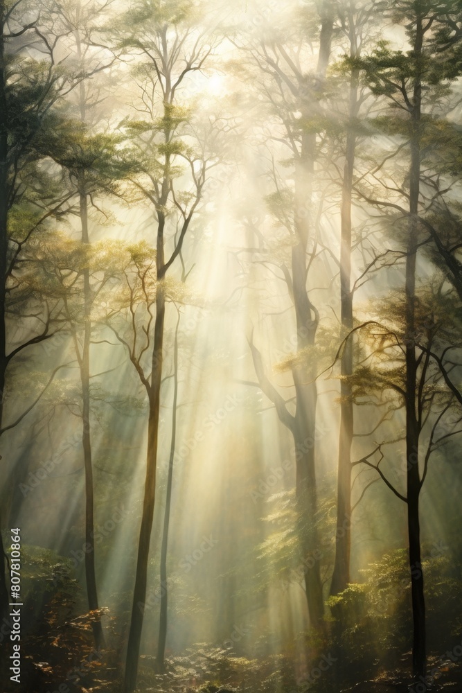 Obraz premium Vertical image capturing morning light filtering through a dense forest, showcasing rays of sunlight piercing through tall trees onto the undergrowth below. exudes a mystical and serene atmosphere.