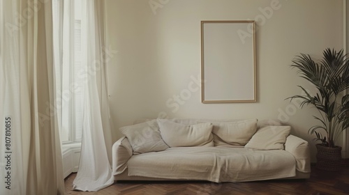 Sofa in the corner of the room, fabric sofa, wooden floor, white curtains, white walls, empty frame © Bouchra