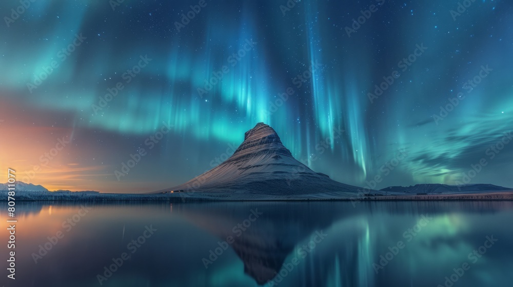 Northern Light over Kirkjufell, Grundarfjordur town, Northern Light over Kirkjufell, Grundarfjordur town,