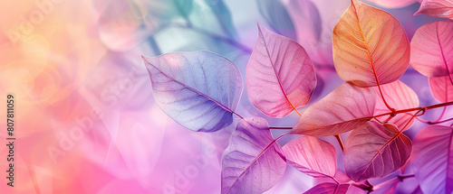 Colorful transparent leaves on a purple background banner with copy space in a pastel colors