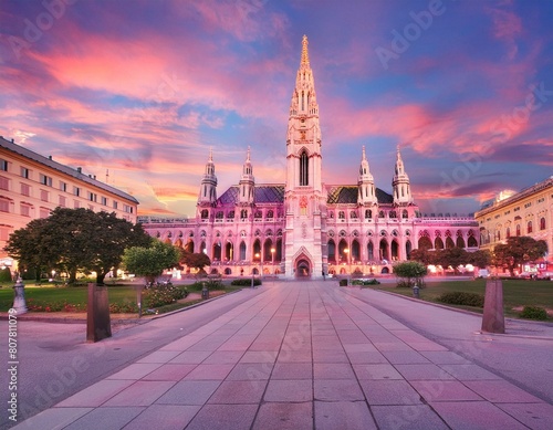 Ansicht von einer fiktiven Stadt - ähnlich dem Wiener Rathaus - Wien - Europa - nahe Ansicht photo