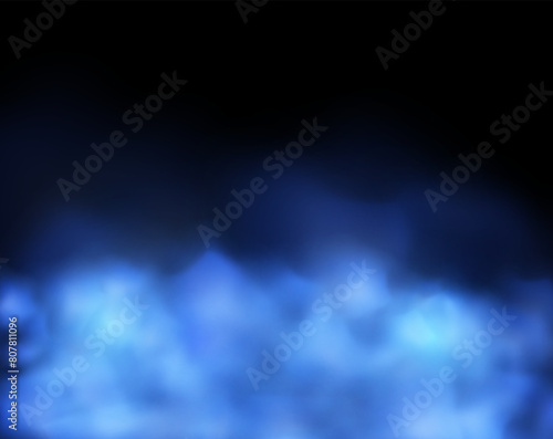 Magic smoke or blue fog cloud vector illustration, mist or smog horizon on black, illuminated steam, gas blur, fume