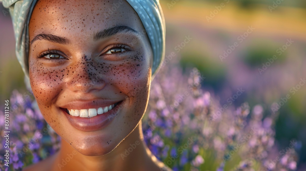 Radiant Young Woman with Freckles Smiling in Lavender Field at Sunset
Radiant Young Woman with Freckles Smiling in Lavender Field at Sunset