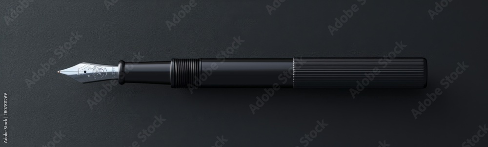 Fountain pen with a black nib on a black surface. Banner Fountain pen with a black nib on a black surface. Banner