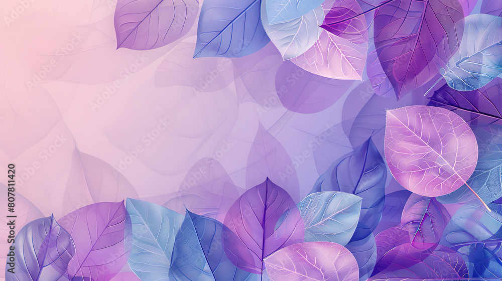 Colorful transparent leaves on a purple background banner with copy space in a pastel colors Colorful transparent leaves on a purple background banner with copy space in a pastel colors