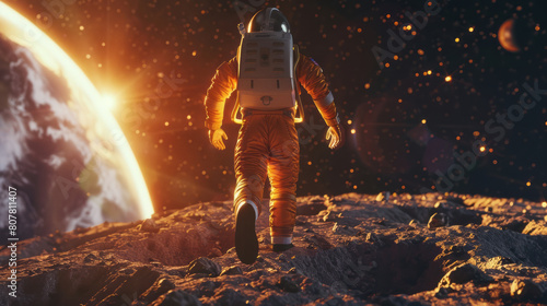 Fototapeta Naklejka Na Ścianę i Meble -  Young male astronaut in orange space suit on alien planet