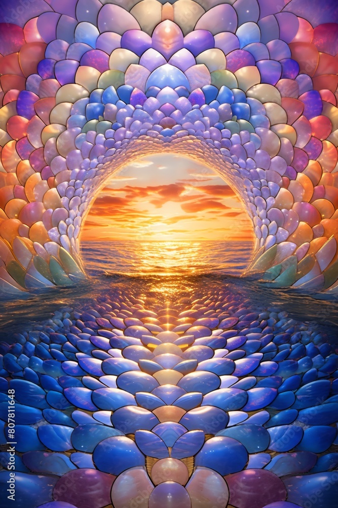 Obraz premium Vibrant stained glass illustration of a multicolored floral pattern, resembling a lotus with a seamless transition from cool to warm huesConcept: stained glass, lotus design, color gradient, visual 