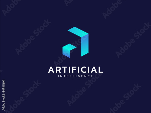 Artificial intelligence with letter a cube Future technology Analysis logo vector design concept. Letter a logotype symbol for advance technology, tech company, ui, new tech, blockchain, network, web.