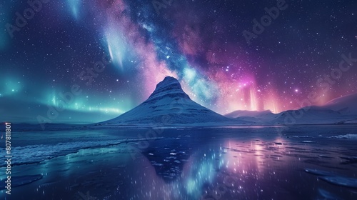 Northern Light over Kirkjufell, Grundarfjordur town,  photo