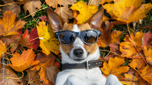 Jack Russell dog lying on the ground full of fall