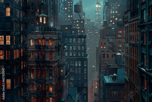 Moody evening view of busy New York City's old buildings