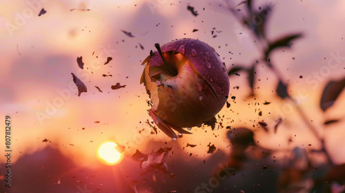 Close-up of a Deteriorating Apple with Sunset Backdrop photo