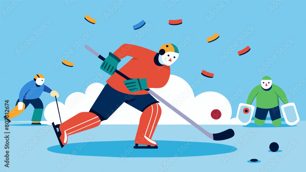 Fototapeta premium In a flurry of sticks and bodies the goalie somehow manages to keep the puck out of the net making save after save to lead their team to victory.. Vector illustration
