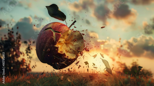 Close-up of a deteriorating apple with dramatic sunset