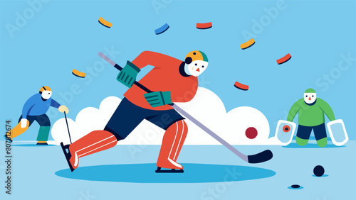 In a flurry of sticks and bodies the goalie somehow manages to keep the puck out of the net making save after save to lead their team to victory.. Vector illustration