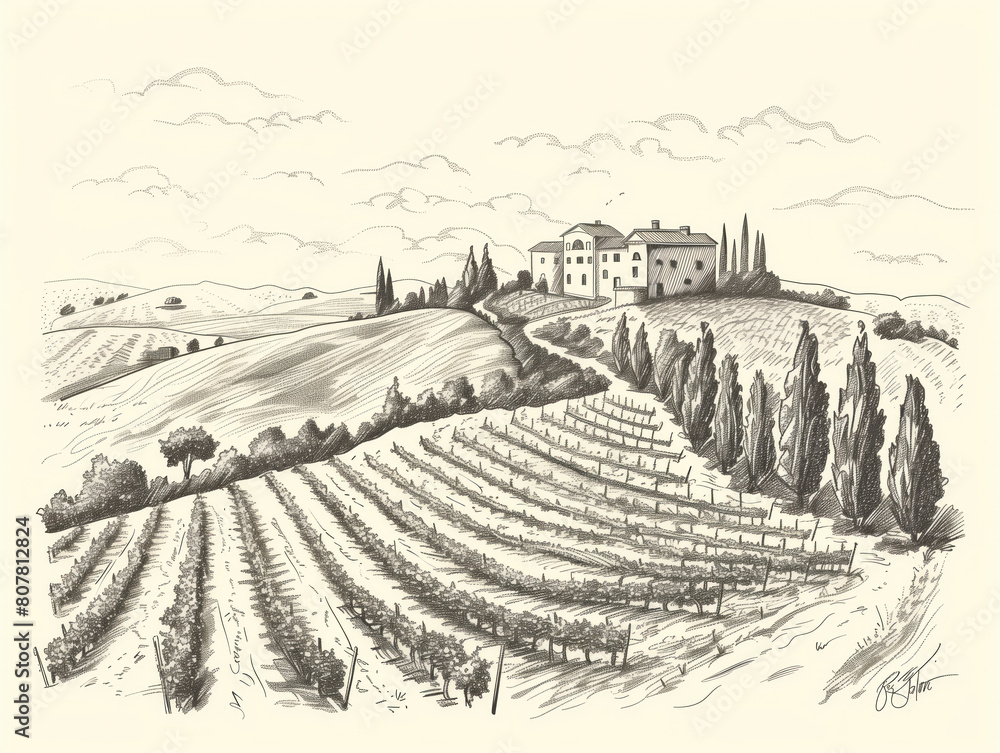  landscape with fields, hills, vineyards, and olive gardens. Features an old farmhouse, ideal for farmer brochures and travel labels. Ready-to-use stock image.