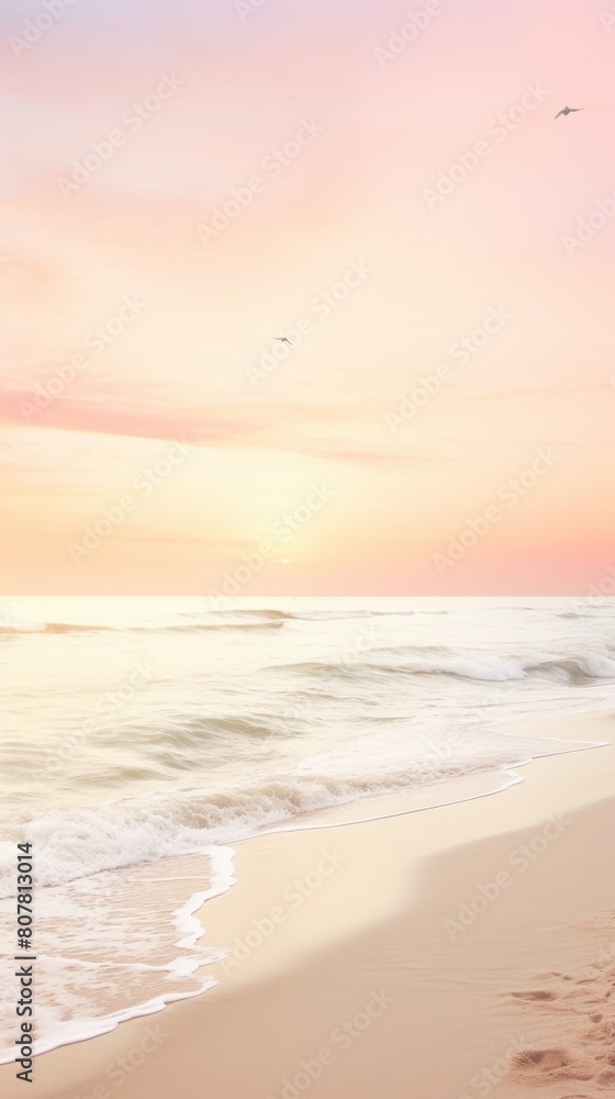 Serene beach scene at sunset with soft pastel sky, gentle waves, and flying birds

Concept: sunset beach, pastel sky, serene seascape, tranquil nature, peaceful retreat